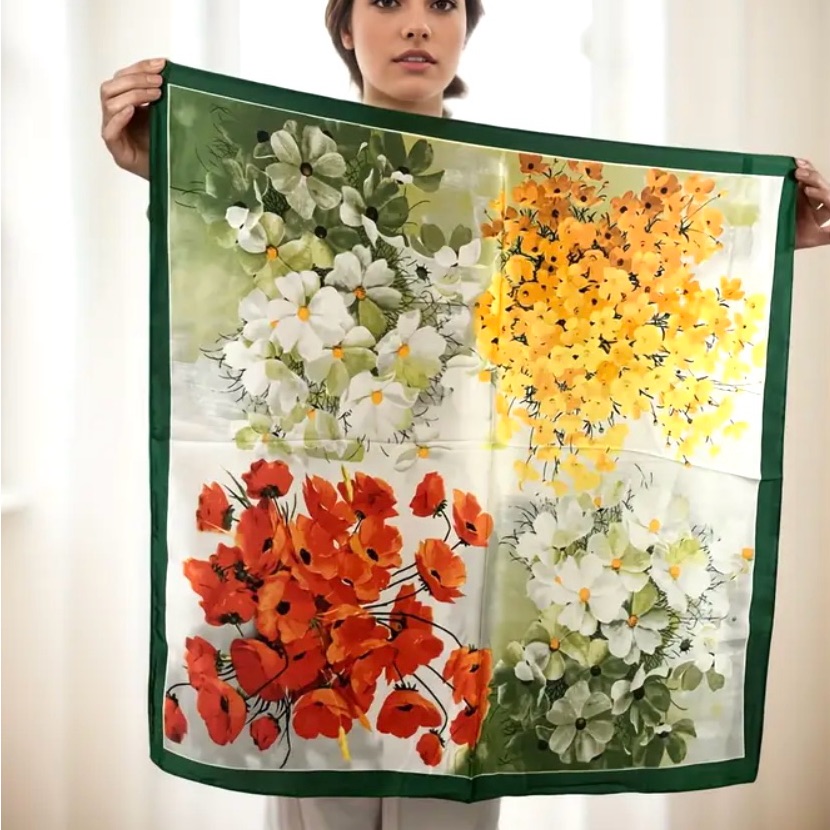 Floral Silk Scarf With Green Border